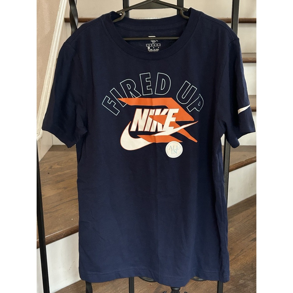 Boy's Size Medium 10-12 Fired Up NIKE T-Shirt Short Sleeves Midnight Blue